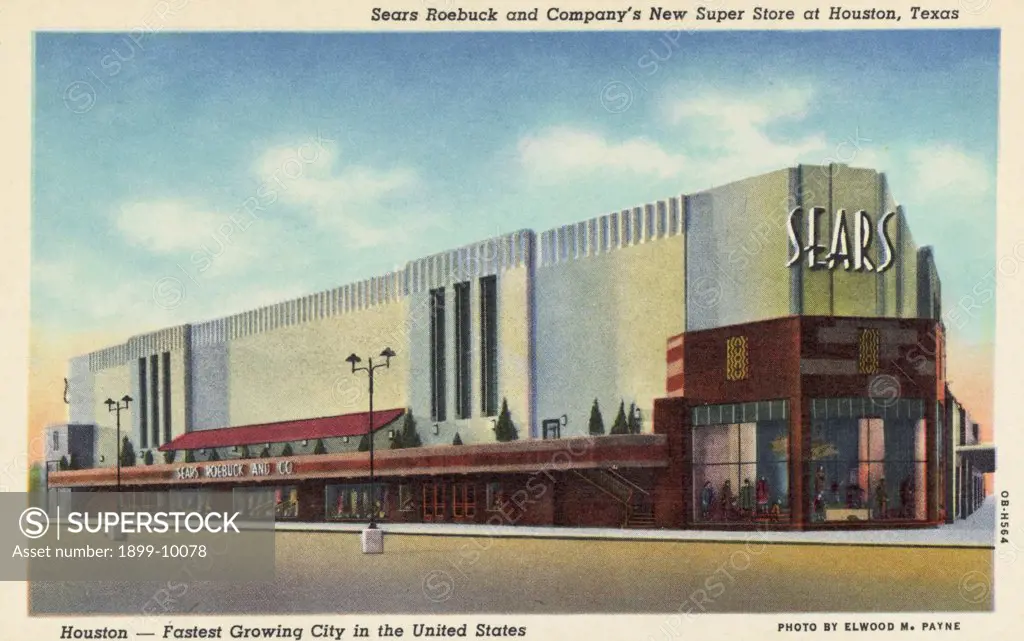 Sears Roebuck and Company Store. ca. 1940, Houston, Texas, USA, Sears Roebuck and Company's New Super Store at Houston, Texas. Houston-Fastest Growing City in the United States. PHOTO BY ELWOOD M. PAYNE 