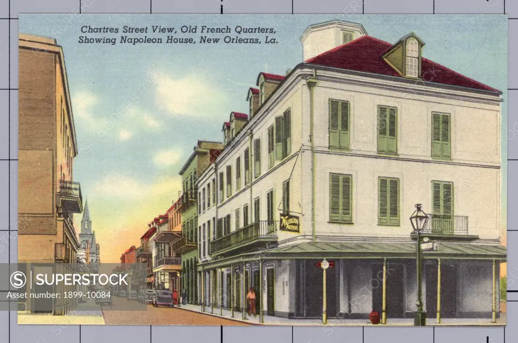 Chartres Street. ca. 1940, New Orleans, Louisiana, USA, Chartres Street View, Old French Quarters, Showing Napoleon House, New Orleans, La. NAPOLEON HOUSE, NEW ORLEANS. Also known as the Girod House, erected more than 100 years ago as a refuge for the Emperor Napoleon, who was to be brought to New Orleans from St. Helena by a rescue expedition organized under the leadership of Nicholas Girod. Bonaparte's death thwarted the plans. Two doors down on Chartres street is another house which claims th