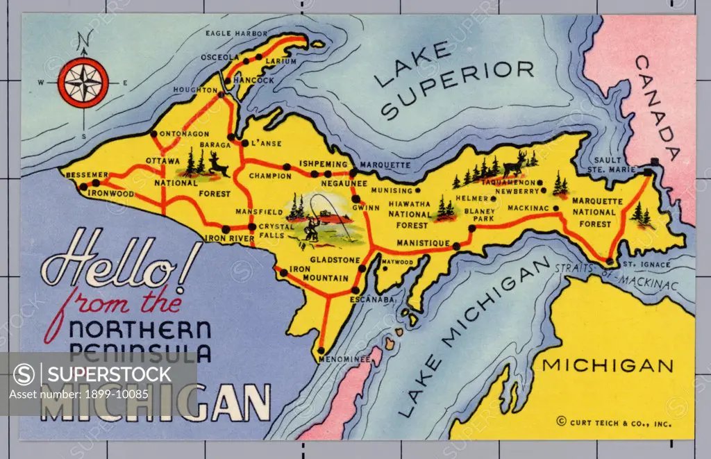 Map of Michigan's Northern Peninsula. ca. 1940, Michigan, USA, Map of Michigan's Northern Peninsula 