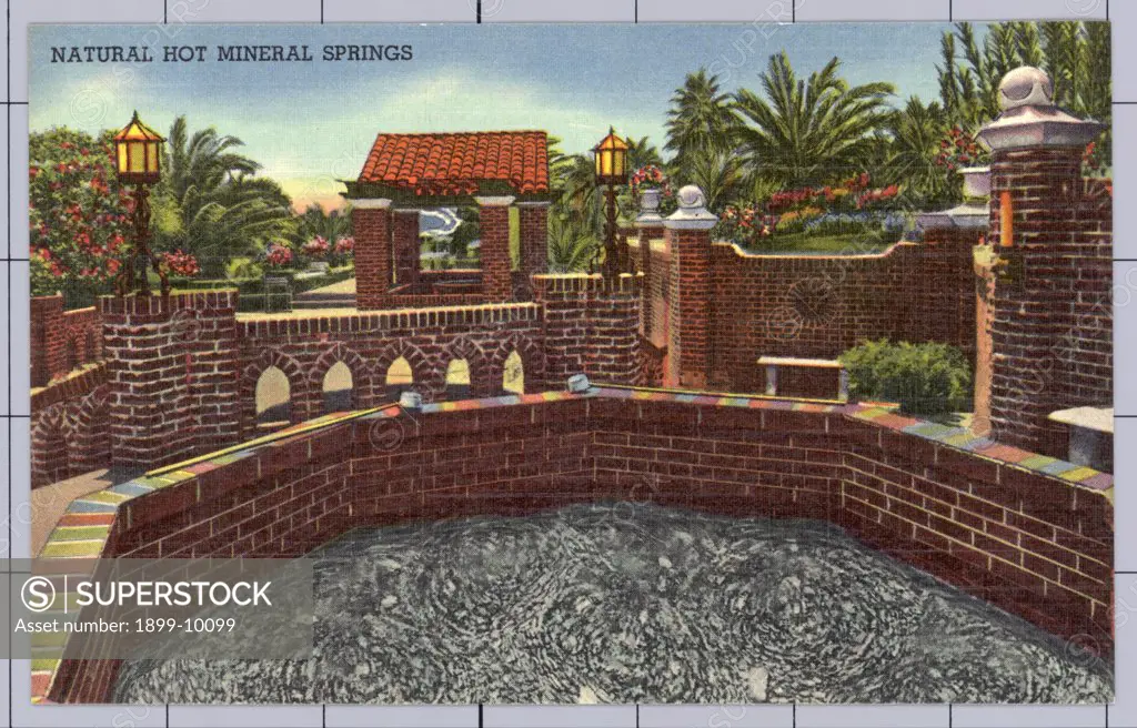 Natural Hot Mineral Springs. ca. 1940, Murrieta, California, USA, NATURAL HOT MINERAL SPRINGS. GUENTHER'S MURRIETA MINERAL HOT SPRINGS. MURRIETA, CALIF. 'California's Greatest Health Resort'. Natural mineral waters rising from unknown depths reach a temperature of 170 degrees F. and are beneficial in the treatment of many ailments, particularly rheumatism and arthritis. 