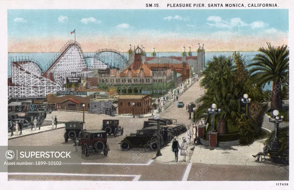 Amusement Park on a Pier. ca. 1927, Santa Monica, California, USA, SM-15. PLEASURE PIER, SANTA MONICA, CALIFORNIA. 