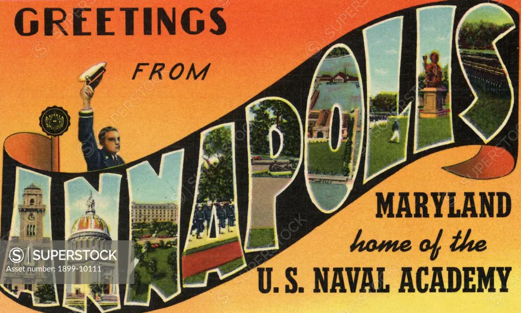 Greeting Card from Annapolis, Maryland. ca. 1940, Annapolis, Maryland, USA, GREETINGS FROM ANNAPOLIS. Gerge Bancroft, the historian, who in 1845 while Secretary of the Navy, selected Annapolis, Maryland as the location of the U.S. Naval Academy because of its ideal setting with the Severn River and Chesapeake Bay. 