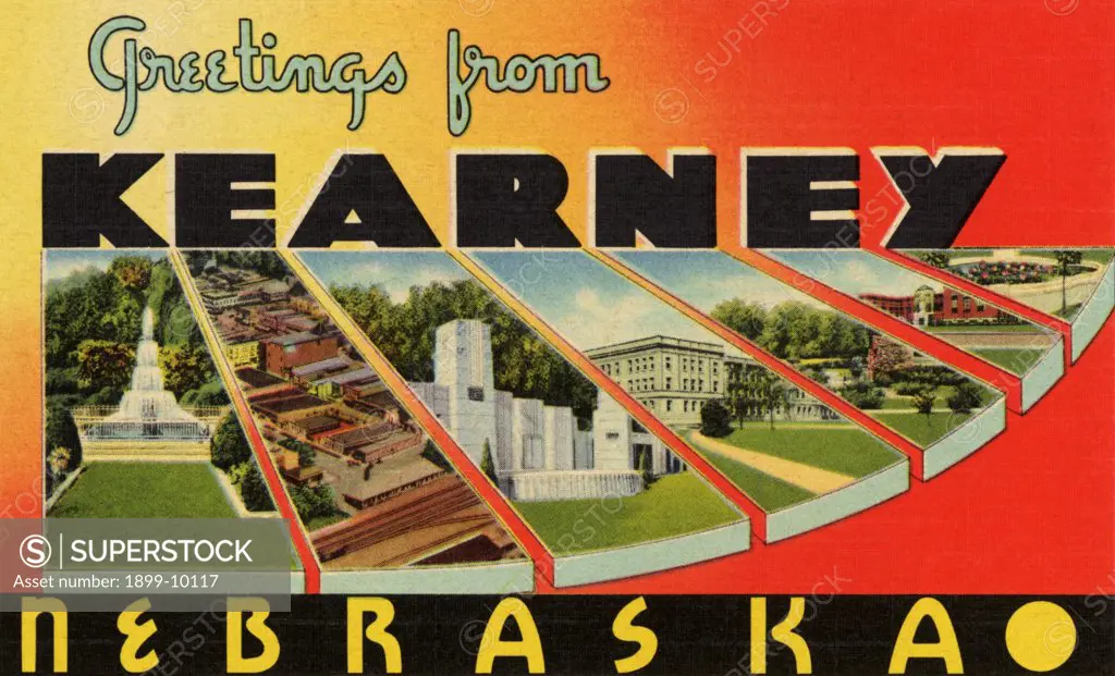 Greeting Card from Kearney, Nebraska. ca. 1940, Kearney, Nebraska, USA, GREETINGS FROM KEARNEY, NEBRASKA. Actual views, on the reverse side, tell the story of one of Nebraska's most attractive and progressive smaller cities. 1940 Census-9,589: altitude 2146 feet: located on U.S. No. 30-the Lincoln Highway, the Union Pacific and Burlington railroads, and on a transcontinental air route. Three large state institutions: beautiful city parks: two state parks. Genuine hospitality greets the visitor. 