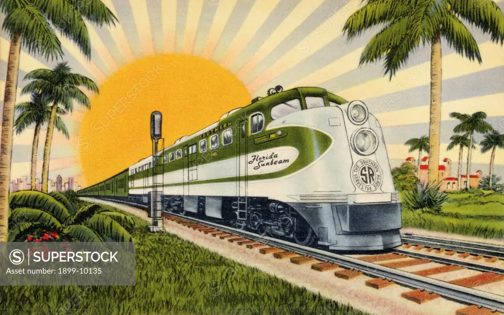 Postcard of the Florida Sunbeam Train. ca. 1941, The Florida Sunbeam train travels from New York's Central System through to the Southern Railway System and the Seaboard Railway to Florida. 