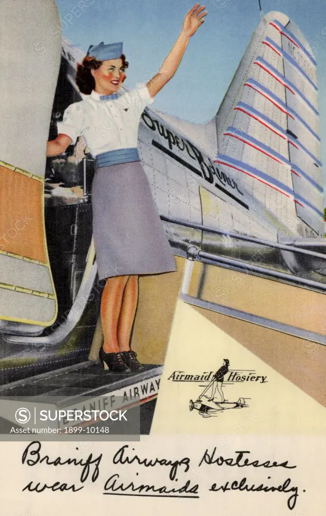 Stewardess Waving from an Airplane. ca. 1941, USA, Just received Airmail Hosiery in the new and vibrant, 'Flying Colors.' Each distinctive shade has new style appeal as an accent to smart costumes. Buy two pairs of the same shade and match the single stockings after their mates are snagged. Buy them from us today. Cordially, 