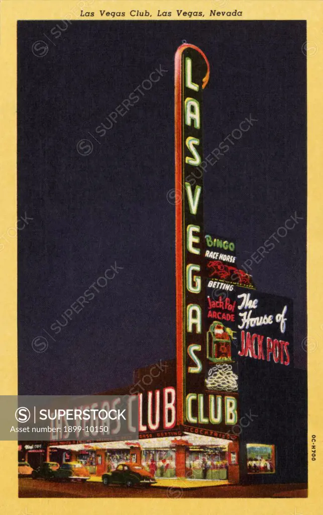 Las Vegas Club. ca. 1950, Las Vegas, Nevada, USA, Las Vegas Club, Las Vegas, Nevada. THE LUCKY LAS VEGAS CLUB. The House of Jack Pots. When in Las Vegas, Nevada stop at this famous institution. Free Parking in the largest parking lots in Nevada. 