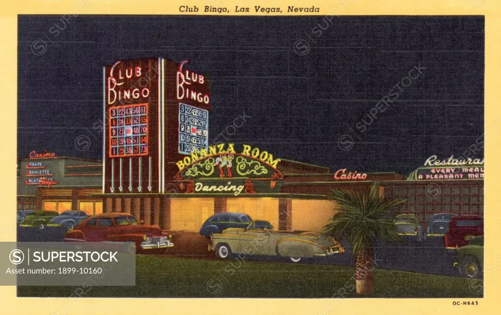 Outside Club Bingo. ca. 1950, Las Vegas, Nevada, USA, Club Bingo, Las Vegas, Nevada. CLUB BINGO, LAS VEGAS, NEVADA. Located on Highway 91, Club Bingo features fine food and dancing nightly. Here you can rub elbows with visitors to Las Vegas from all over the world. 