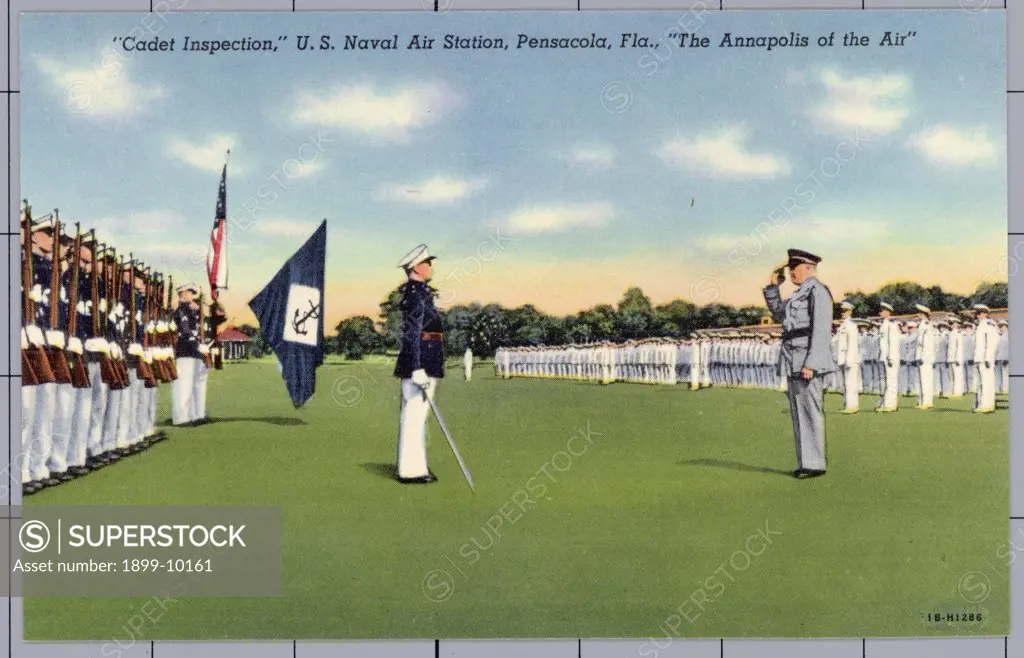 Cadet Inspection at US Naval Air Station. ca. 1941, Pensacola, Florida, USA, 'Cadet Inspection,' U.S. Naval Air Station, Pensacola, Fla., 'The Annapolis of the Air' 