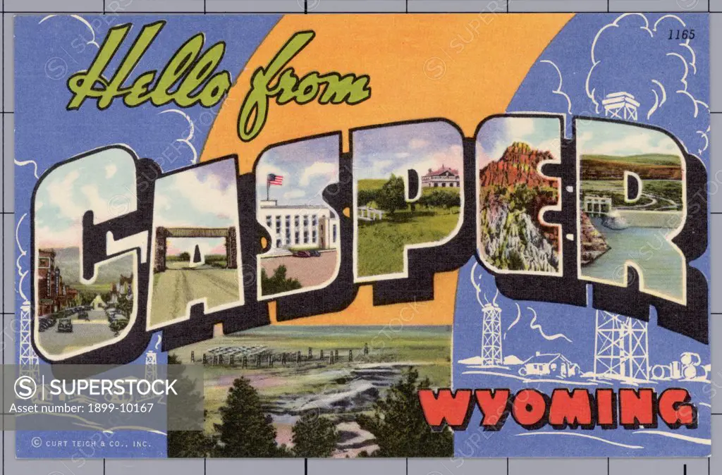 Greeting Card from Casper, Wyoming. ca. 1941, Casper, Wyoming, USA, Casper, the 'Capital City' of central Wyoming, metropolis of a great oil empire, and the center of a vast new irrigation and power area from the Seminoe and Alcova dam projects. Rugged Wyoming scenery both mountain and prairie stretch away in all directions and historical spots are all around. It's a breezy bustling western city--'going places' and in a hurry to get there. 