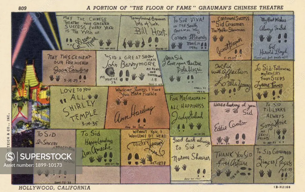 Signatures of Celebrities. ca. 1941, Hollywood, Los Angeles, California, USA, 809 A PORTION OF 'THE FLOOR OF FAME' GRAUMAN'S CHINESE THEATRE. HOLLYWOOD, CALIFORNIA. One of the most frequented and interesting places in Hollywood, is the fore-court of Grauman's Chinese Theatre. Here, imbedded in cement blocks, on the floor of the court are the actual signatures, hand and foot-prints of some of the most famous of filmland's celebrities. 