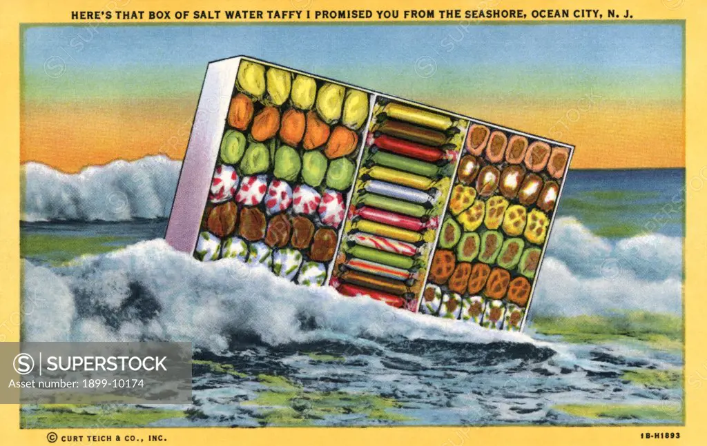 Box of Saltwater Taffy Washing Ashore. ca. 1941, Ocean City, New Jersey, USA, HERE'S THAT BOX OF SALT WATER TAFFY I PROMISED YOU FROM THE SEASHORE, OCEAN CITY, N.J. 
