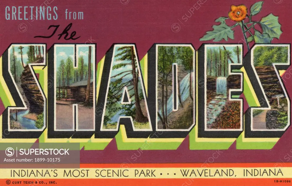 Greeting Card from Scenic Park. ca. 1941, Waveland, Indiana, USA, Since 1860 the beautiful Shades Park, more than two thousand acres of unspoiled natural loveliness, has offered rest and recreation in the best traditions of Hoosier hospitality. Here's a restful spot just a few short miles from the largest cities of the Middlewest. Located only 10 miles east of Turkey Run State Park. 