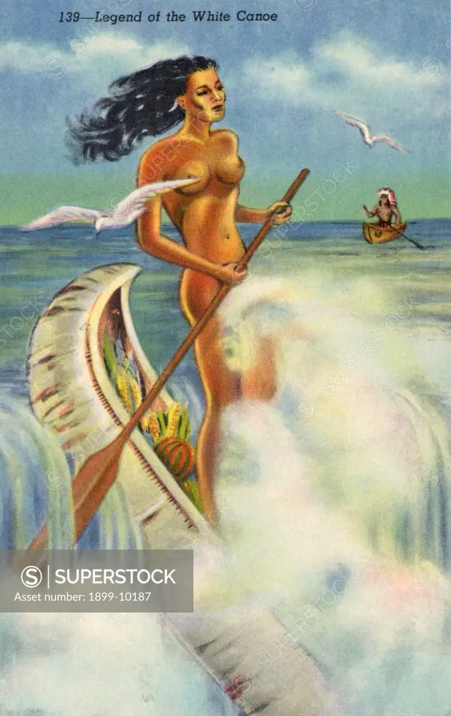 Depiction of Maid of the Mist Legend. ca. 1941, 139--Legend of the White Canoe. LEGEND OF THE WHITE CANOE. Living beside mighty Niagara, the peaceful tribe of the Ongiaras believed that its roar was the voice of the Great Spirit. Each year it was the custom to offer the fairest of their maidens as a sacrifice. The last of the maidens to be thus sacrificed was Lelawala, the daughter of Chief Eagle Eye who, after witnessing the sacrificial plunge over the Falls, joined his daughter in death after 