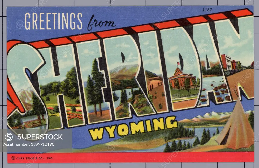 Greeting Card from Sheridan, Wyoming. ca. 1941, Sheridan, Wyoming, USA, Sheridan, Wyoming is a great little city, the metropolis of northeast Wyoming. To the west lie the secluded lakes and rugged peaks of the Bighorn Mountains. To the east great prairies stretching out past Devils Tower to the Black Hills. To the north lies the mighty canon of the Bighorn River, Custer Battlefield and other features while to the south are giant oil fields. 