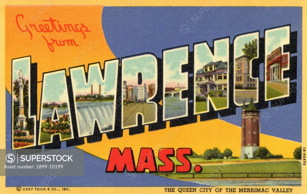 Greeting Card from Lawrence, Massachusetts. ca. 1941, Lawrence, Massachusetts, USA, THE QUEEN CITY OF THE MERRIMAC VALLEY 