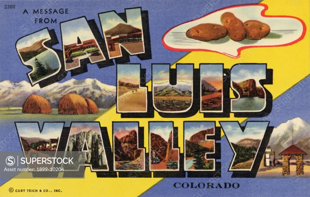 Greeting Card from San Luis Valley. ca. 1941, Colorado, USA, The Great San Luis Valley is an inland empire ringed entirely about with lofty mountain ranges. Amazingly fertile, the flat level floor of this great basin scores of miles across, produces great yields of potatoes, lettuce, hay and other crops as well as cattle and sheep. 