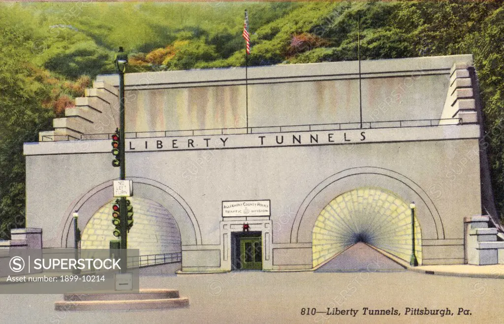 Liberty Tunnels. ca. 1941, Pittsburgh, Pennsylvania, USA, 810--Liberty Tunnels, Pittsburgh, Pa. The Liberty Tunnels, the largest underground passages in the world, permitting the use of gasoline vehicles. The cost is around $7,000,000.00 and exceeded in length only by the Holland Tunnels connecting New York and New Jersey. 