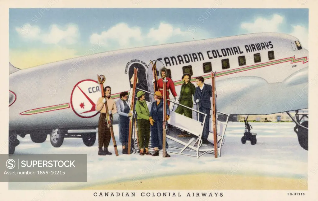 Skiers Outside an Airplane. ca. 1941, Probably Canada, CANADIAN COLONIAL AIRWAYS. Canadian Colonial's Douglas Ski Plane Service which serves Stowe, Vermont and the Laurentians, just north of Montreal, virtually places these famous ski centers within commuting distance of New York. 