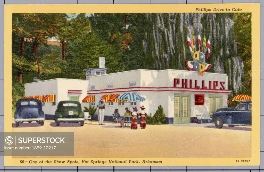 Phillips Drive-In Cafe. ca. 1941, Hot Springs National Park, Arkansas, USA, Phillips Drive-In Cafe, 66--One of the Show Spots, Hot Springs National Park, Arkansas 