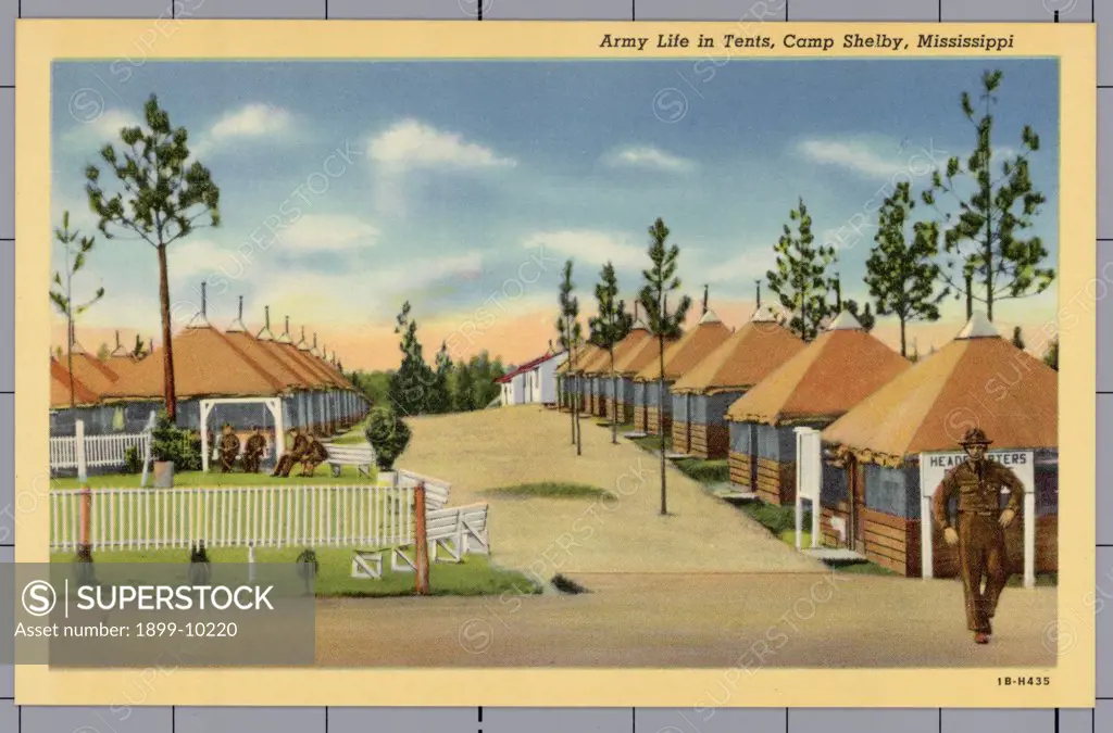 Tents at Camp Shelby. ca. 1941, Mississippi, USA, Army Life in Tents, Camp Shelby, Mississippi. Is named for a famed leader of men of Colonial Days, Colonel Isaac Shelby. Created during the World War days, the camp was named in honor of a fighter who earned a niche in history's hall by performing valiantly in the Revolutionary War. Camp Shelby is the second largest training camp. Built to accommodate 55,000 men. 