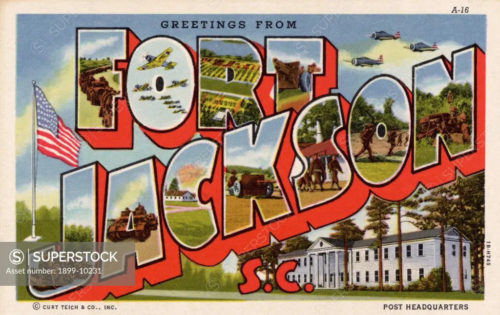 Greeting Card from Fort Jackson. ca. 1941, Near Columbia, South Carolina, USA, POST HEADQUARTERS. FORT JACKSON-is located six miles from Columbia, S.C. Its spacious grounds, and ideal location, has tended to make this Camp become known as one of the leading Army training posts in the country. 