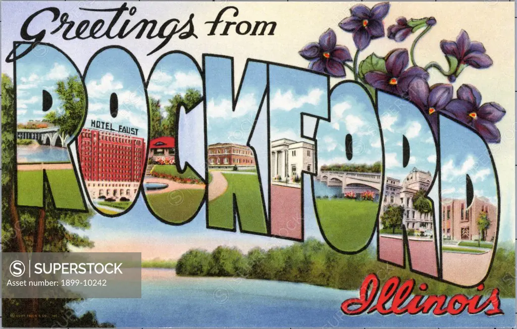 Greeting Card from Rockford, Illinois. ca. 1941, Rockford, Illinois, USA, Rockford, founded in 1834, is the third largest city in the state of Illinois. Population more than 85,000. Noted for its machine tool and furniture industries. Just a few miles south of Rockford is one of the finest military camps in the U.S.A., Camp Grant. 