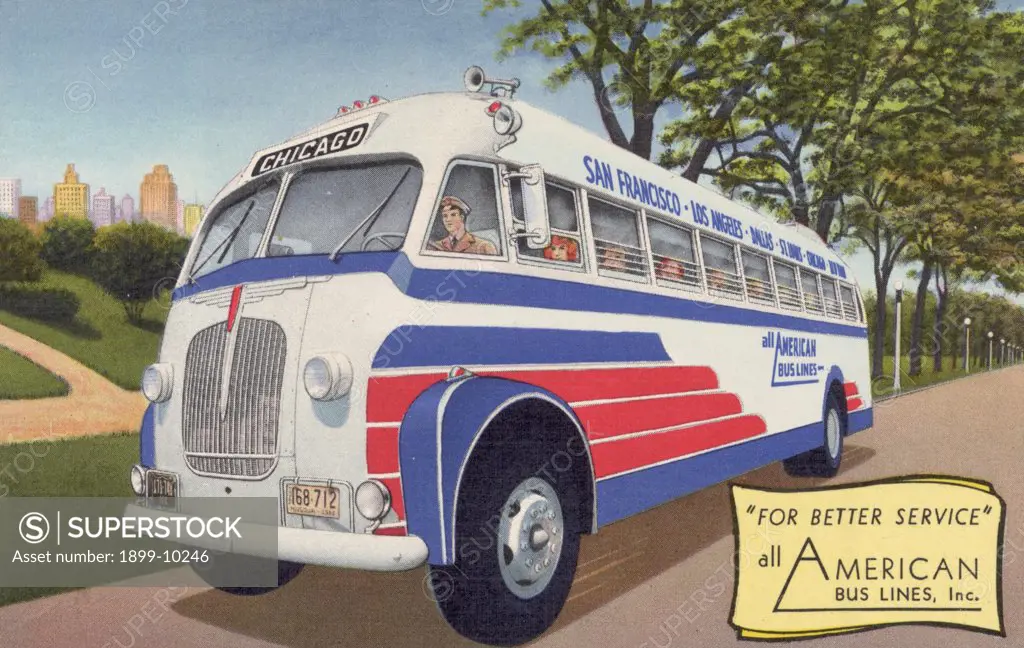 Advertisement for All-American Bus Lines. ca. 1943, USA, COURTESY OF ALL AMERICAN BUS LINES. Serving New York, Chicago, St. Louis, Dallas, Phoenix, San Diego, Los Angeles, San Francisco and Intermediate Points. America's Most Economical Trans-Continental Travel Service. 'Better Service-Ask Our Passengers' 