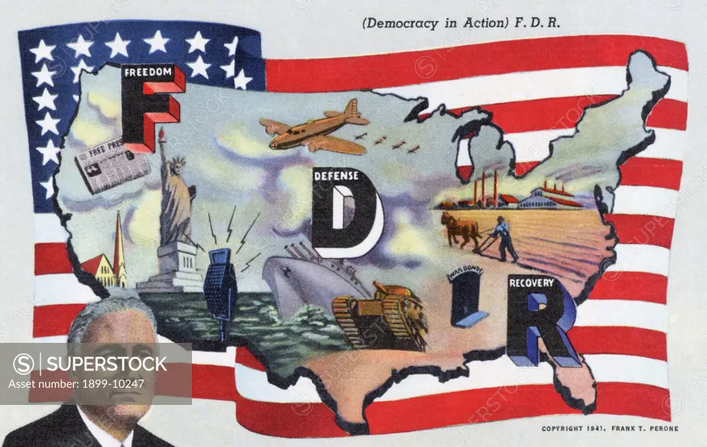 Democracy in Action Postcard. ca. 1943, Democracy in Action Postcard 