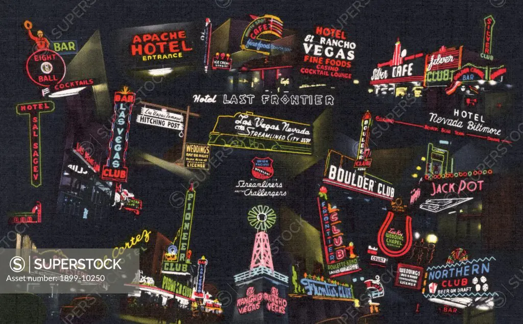Neon Signs. ca. 1943, Las Vegas, Nevada, USA, THE BRIGHT LIGHTS OF LAS VEGAS, NEVADA 