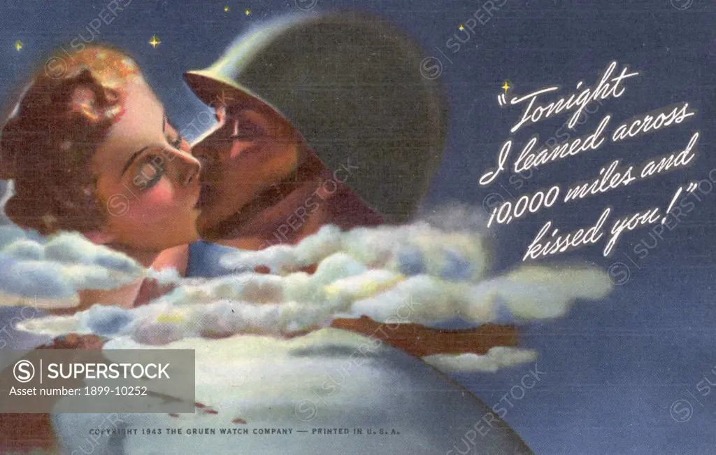 Tonight I Leaned Across 10,000 Miles and Kissed You' Print. ca. 1943, Advertisement for Gruen Watch Company 