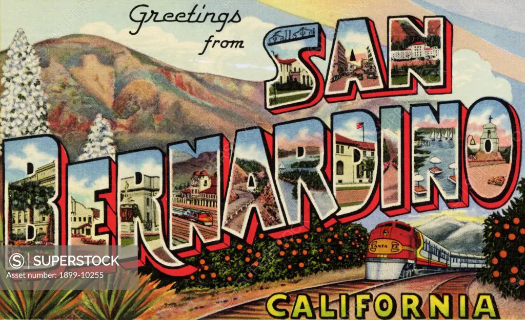 Greeting Card from San Bernardino, California. ca. 1943, San Bernardino, California, USA, San Bernardino, the county seat of San Bernardino County, has a population of over 65,000. It is the home of the famous National Orange Show, an industrial jobbing and wholesale center, and the site of the Santa Fe Coast shops. S-Junior College: A-E Street: N-Arrowhead Hot Springs: B-Court House: E-Orange Show Bldg.: R-Auditorium: N-Union Depot: A-Rim O' the World Highway: R-Big Bear Lake: D-Post Office: I-
