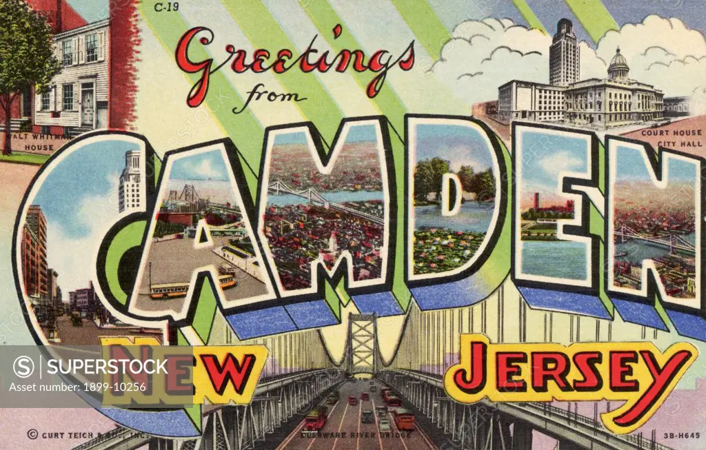 Greeting Card from Camden, New Jersey. ca. 1943, Camden, New Jersey, USA, Camden is located on Delaware River opposite Philadelphia. It was settled in 1681 and is noted for its industries, the largest of which are New York Ship Bldg. Corporation, RCA Victor, Campbell's Soup Factory-Esterbrook Steel Pens. Co., Congoleum Co. and many others. 