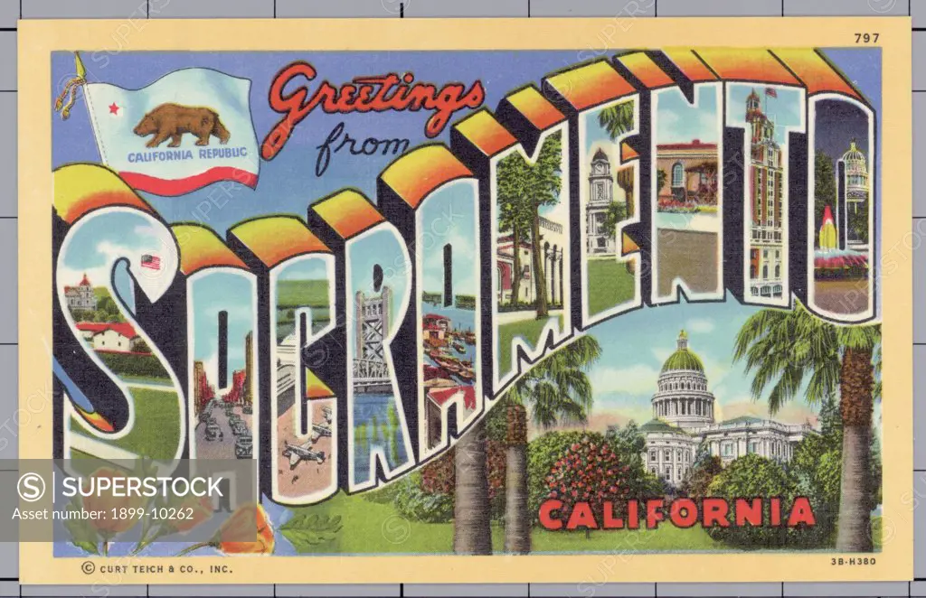 Greeting Card from Sacramento, California. ca. 1943, Sacramento, California, USA, S-Sutter's Fort: A-K Street: C-Air Depot: R-Tower Bridge: A-Sacramento River: M-Auditorium: E-City Hall: N-S.P. Depot: T-Elks Bldg.: O-Capitol at Night 