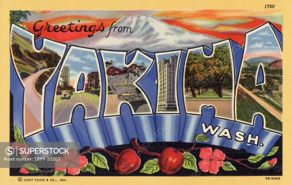 Greeting Card from Yakima, Washington. ca. 1943, Yakima, Washington, USA, Y-Yakima-Ellensburg Highway: A-Yakima Avenue: K-Congdon Residence: I-Larson Building: M-Naches Avenue: A-Orchard Scene 