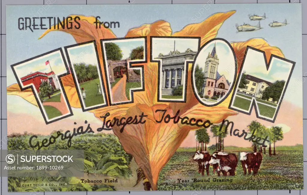 Greeting Card from Tifton, Georgia. ca. 1942, Tifton, Georgia, USA, T-Abraham Baldwin Agricultural College: I-Tifton Country Club Golf Course: F-Fulwood Park: T-Tift County Court House: O-One of Tifton's Beautiful Churches: N-Georgia Coastal Plain Experiment Station 