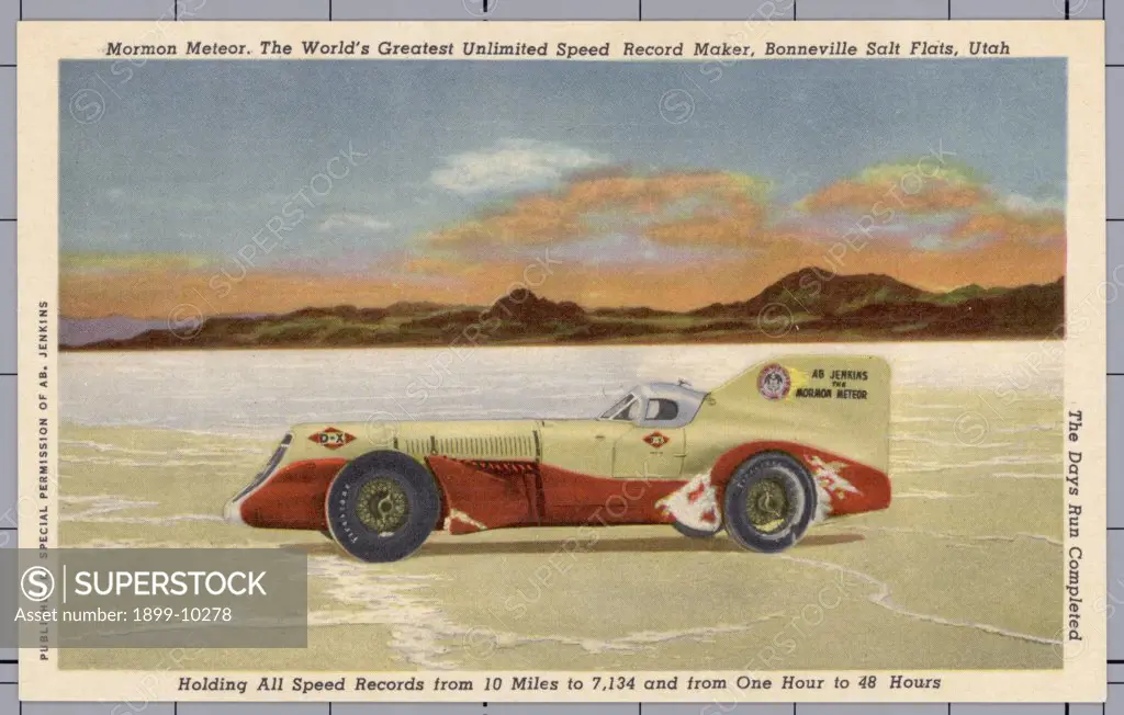 Racing on the Bonneville Salt Flats. ca. 1951, Utah, USA, Mormon Meteor. The World's Greatest Unlimited Speed Record Maker, Bonneville Salt Flats, Utah. The Days Run Completed. Holding All Speed Records from 10 Miles to 7,134 and from One Hour to 48 Hours. Mormon Meteor: David Abbott (Ab) Jenkins. Owner-Driver, and founder of the Salt Flats as a race course. Utah born and reared 1883. Religion, (Mormon). Holder of more world's unlimited records than any man in history of sports. The only man who