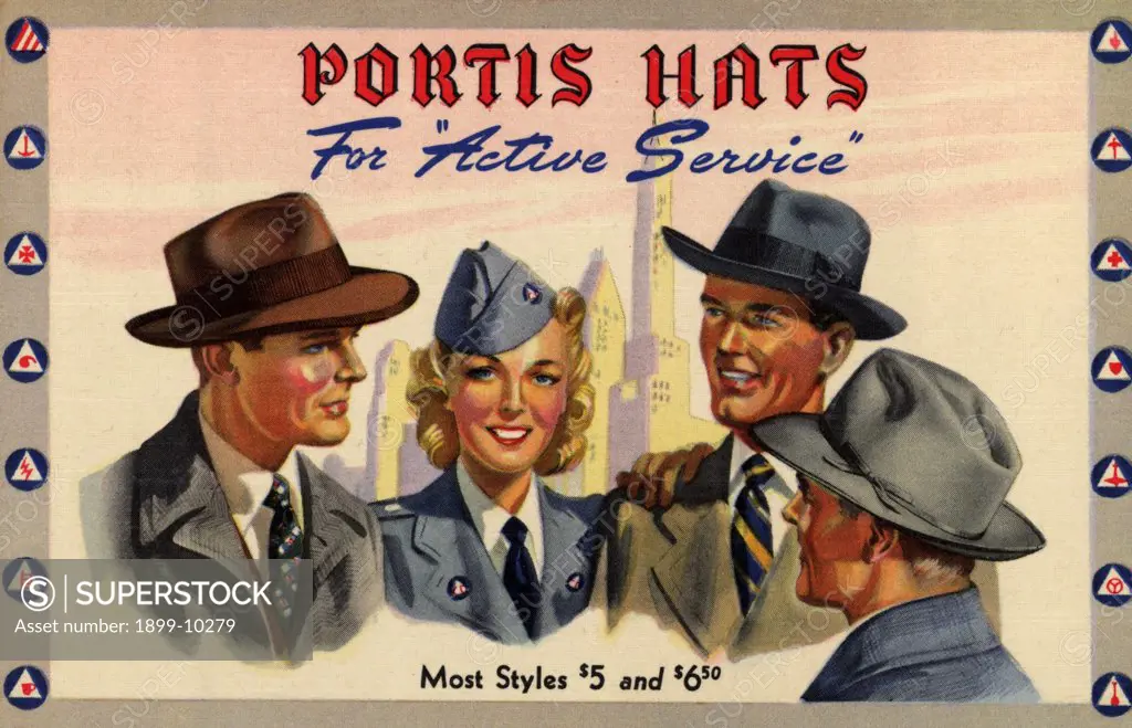 Advertisement for Portis Hats. ca. 1942, USA, FOR THE CIVILIAN ARMY -- PORTIS HATS - $5.00 AND $6.50. America's soldiers on the production line as well as on the firing line are the world's best dressed Come in tomorrow and choose an up-to-the-minute Portis All-American style from our complete stocks. Portis hats are luxuriously soft because they're felted from the world's finest hatter's furs -- Count on them for sturdy, lasting service -- for 'all-out' performance Buy More U.S. War Bonds and S