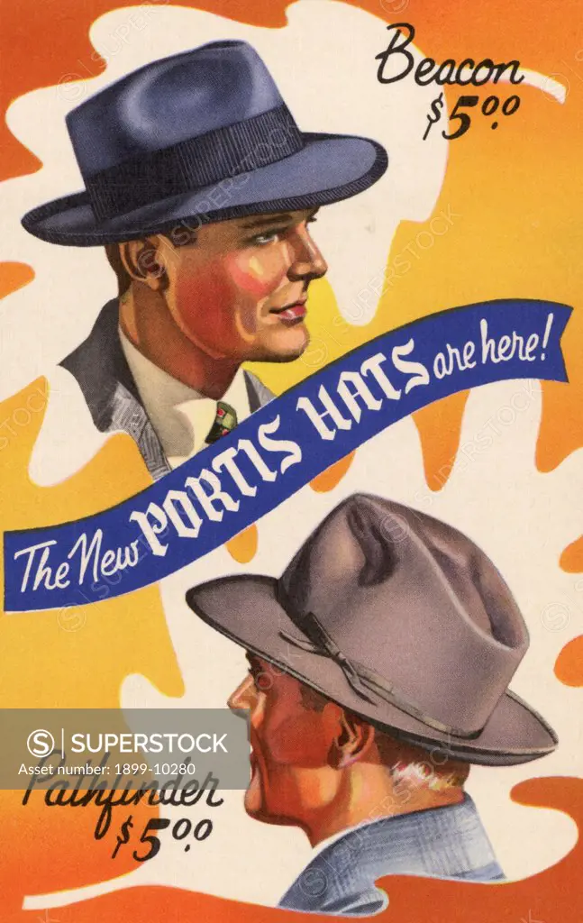 Advertisement for Portis Hats. ca. 1942, USA, Dear Friend: Men's hats are made of materials non-essential to the war effort -- You can buy all the hats you want, and we'll bet you'll want more than one new Portis Smart styles, almost military in their trimness, come in invigorating new shades -- Freedom Blue, Cadet Grey, Autumn Brown and Service TanYou'll enjoy the luxurious qualities - these soft felts are made from the world's finest hatter's furs Choose the light, medium, or extra service w