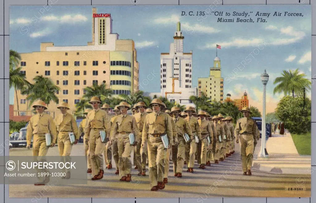 Army Air Forces Training. ca. 1942, Miami Beach, Florida, USA, D.C. 135--'Off to Study,' Army Air Forces, Miami Beach, Fla. 