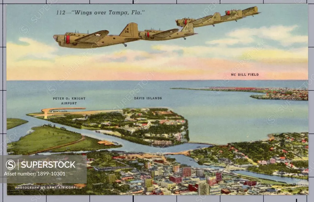 Military Planes Flying over Tampa Bay. ca. 1942, Tampa, Florida, USA, 112--'Wings over Tampa, Fla.' Tampa is an important key point in the nation's defense system, with its two U.S. Army Air Bases-McDill Field and Drew Field. 