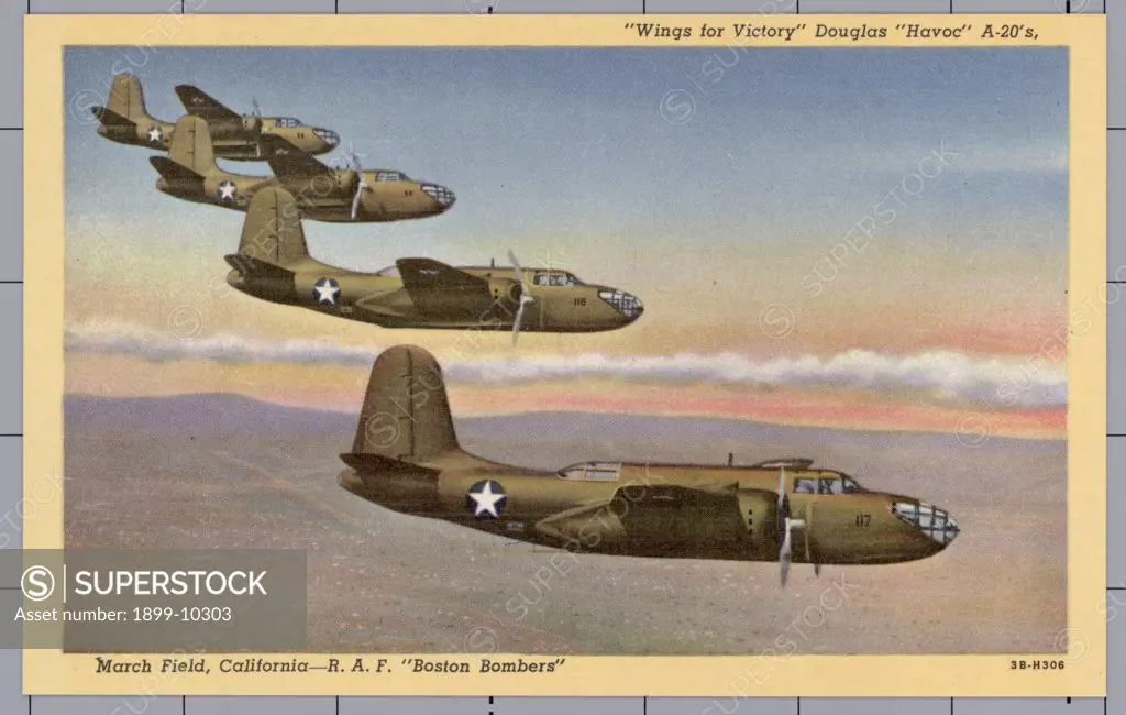 A-20 Bombers over March Field. ca. 1943, California, USA, 'Wings for Victory' Douglas 'Havoc' A-20's, March Field, California-R.A.F. 'Boston Bombers' 