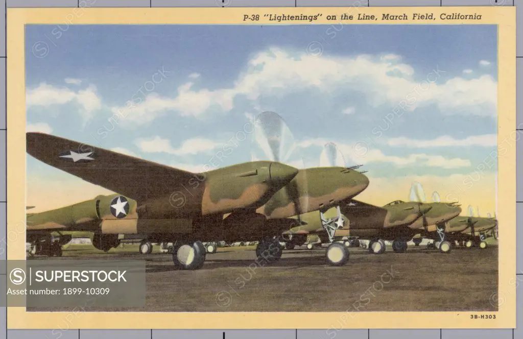 P-38 Lightning Fighters at March Field. ca. 1943, California, USA, P-38 'Lightenings' on the Line, March Field, California 
