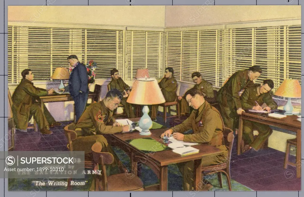 Writing Room at USO Club. ca. 1942, USA, U.S.O. CLUB operated by THE SALVATION ARMY 'The Writing Room'. 'A Home Away From Home' U.S.O. CLUB operated by THE SALVATION ARMY 