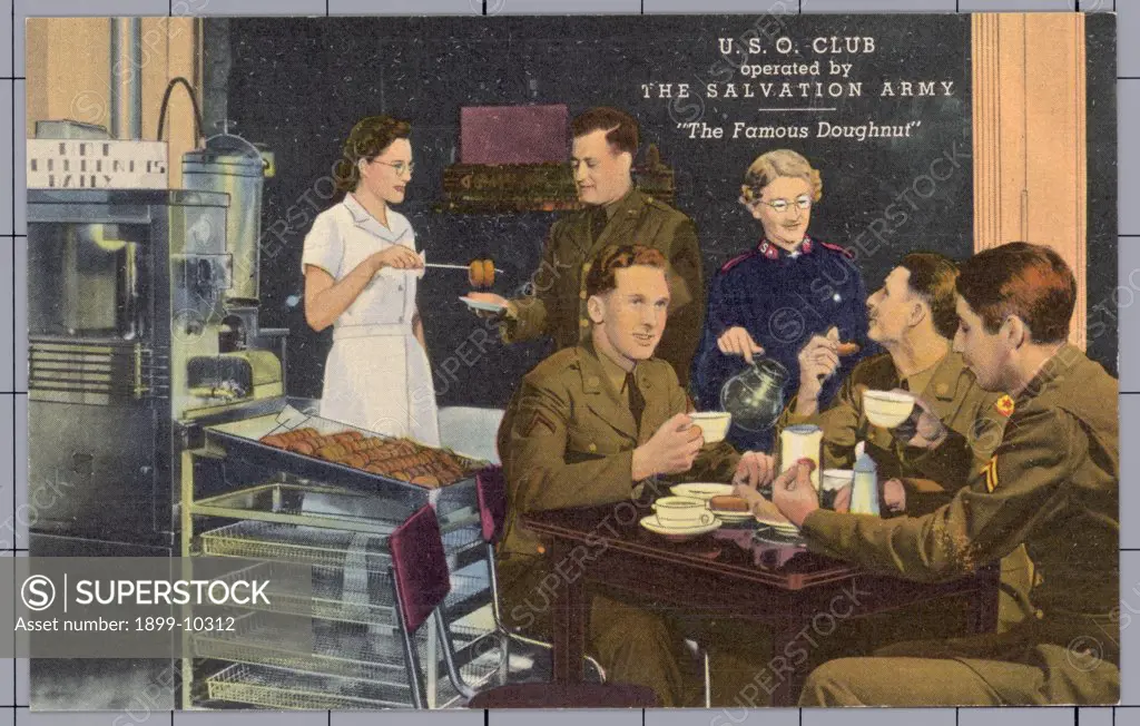 Officers at USO Club. ca. 1942, USA, 'A Home Away From Home' U.S.O. CLUB operated by THE SALVATION ARMY. 'The Famous Doughnut' 