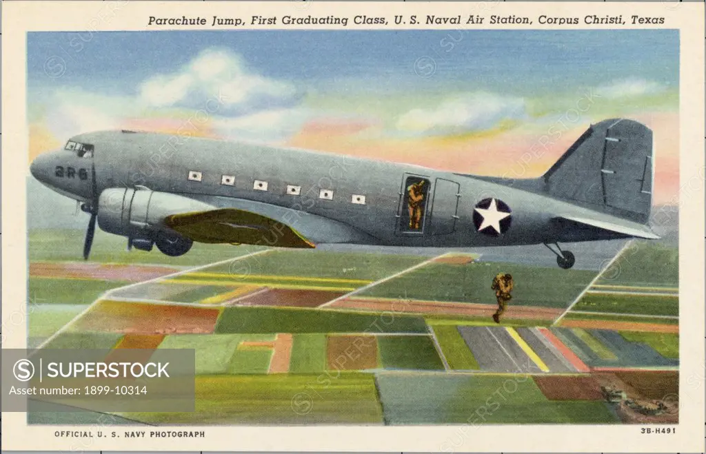 Parachute Jump. ca. 1943, Corpus Christi, Texas, USA, Parachute Jump, First Graduating Class, U.S. Naval Air Station, Corpus Christi, Texas 