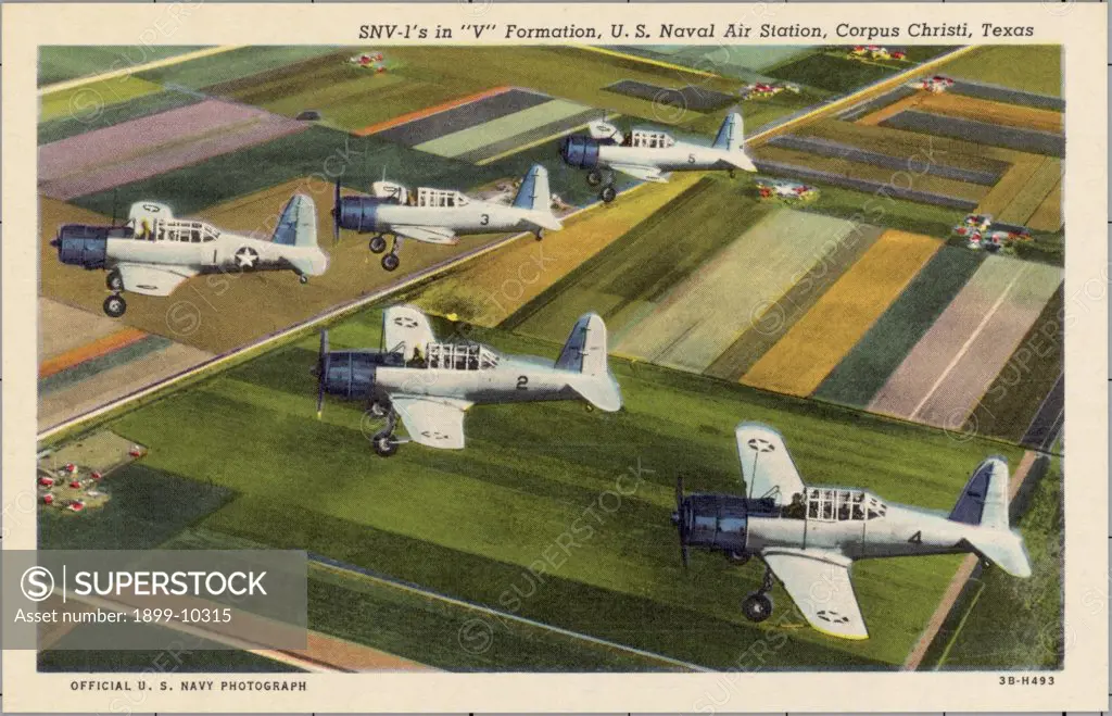 Training Planes from US Naval Air Station. ca. 1943, Corpus Christi, Texas, USA, SNV-1's in 'V' Formation, U.S. Naval Air Station, Corpus Christi, Texas 