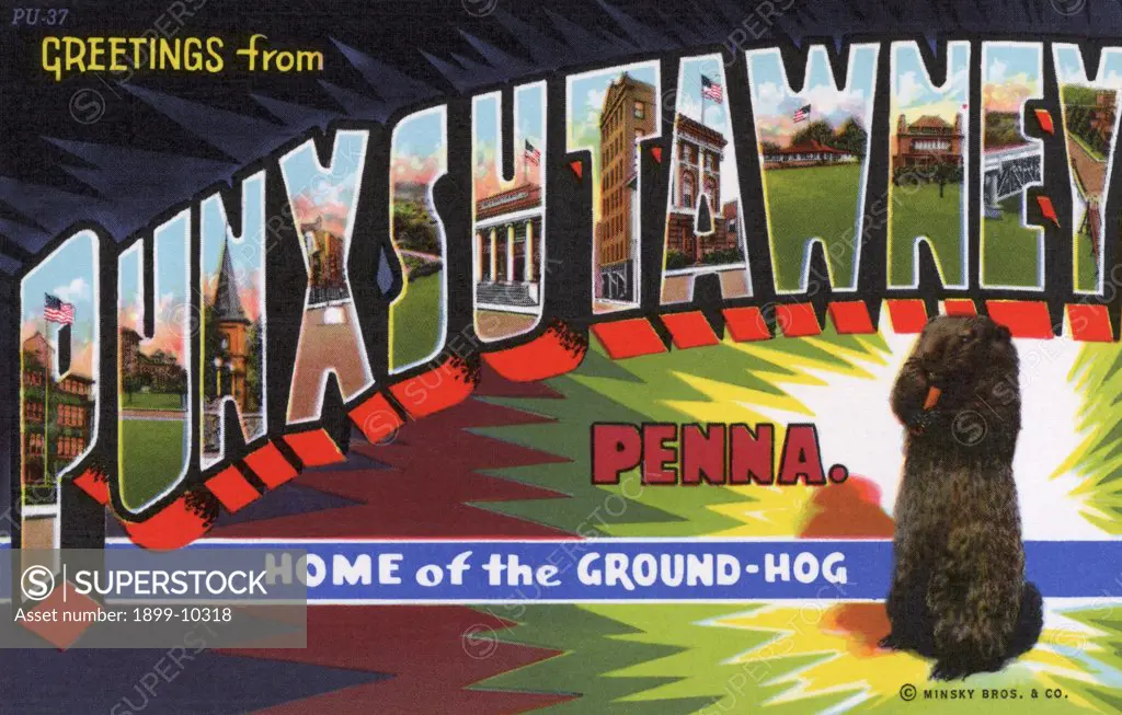 Greeting Card from Punxsutawney, Pennsylvania. ca. 1942, Punxsutawney, Pennsylvania, USA, Punxsutawney, Pa. is known as the home of the ground, the renowned weather prophet. Points of Interest: 1. P-High School: 2. U-E. Mahoning St.: 3. N-Soldiers' Memorial Bandstand: 4. X-Mahoning Street, Looking West: 5. S-Bird's-Eye View Punxsutawney: 6. U-Post Office: 7. T-Y.M.C.A. and Spirit Building: 8. A-Elks Temple: 9. W-Golf Links and Country Club: 10. N-Adrian Hosptl.: 11. E-West End Viaduct: 12. Y-Bir
