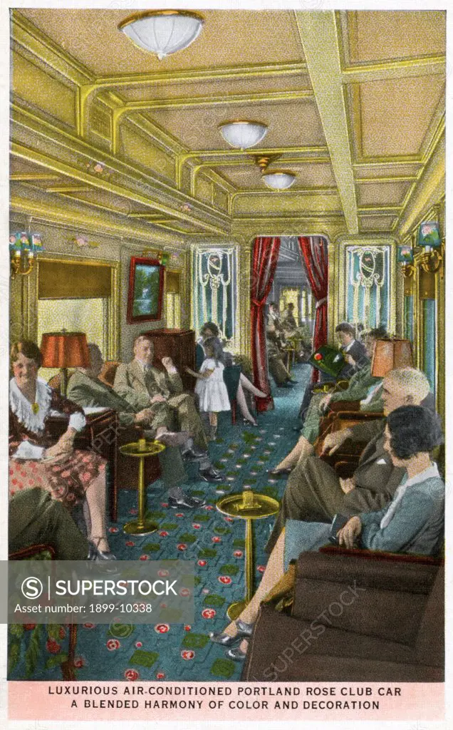 Luxurious Train Car. ca. 1931, USA, The Portland Rose was planned to give full measure of comfortable transportation. No feature of service has been overlooked. LUXURIOUS AIR-CONDITIONED PORTLAND ROSE CLUB CAR A BLENDED HARMONY OF COLOR AND DECORATION. 