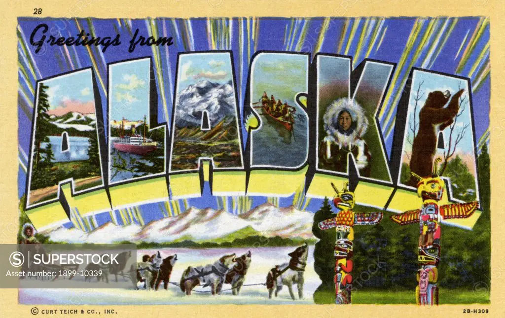 Greeting Card from Alaska. ca. 1942, Alaska, USA, The Territory of Alaska was purchased from Russia by the United States in 1867, for $7,200,000. The area is about 590,884 square miles, almost twice the size of Texas. Juneau is the capital. Alaska is best known as the land of gold, but fabulous fortunes have been made in fish, furs, timber and other precious metals. A-Auk Lake and Mendenhall Glacier: L-Alaska Steamer at one of the Ports: A-Mt. McKinley, 20,000 feet: S-Eskimo in Skin Omiak: K-An 
