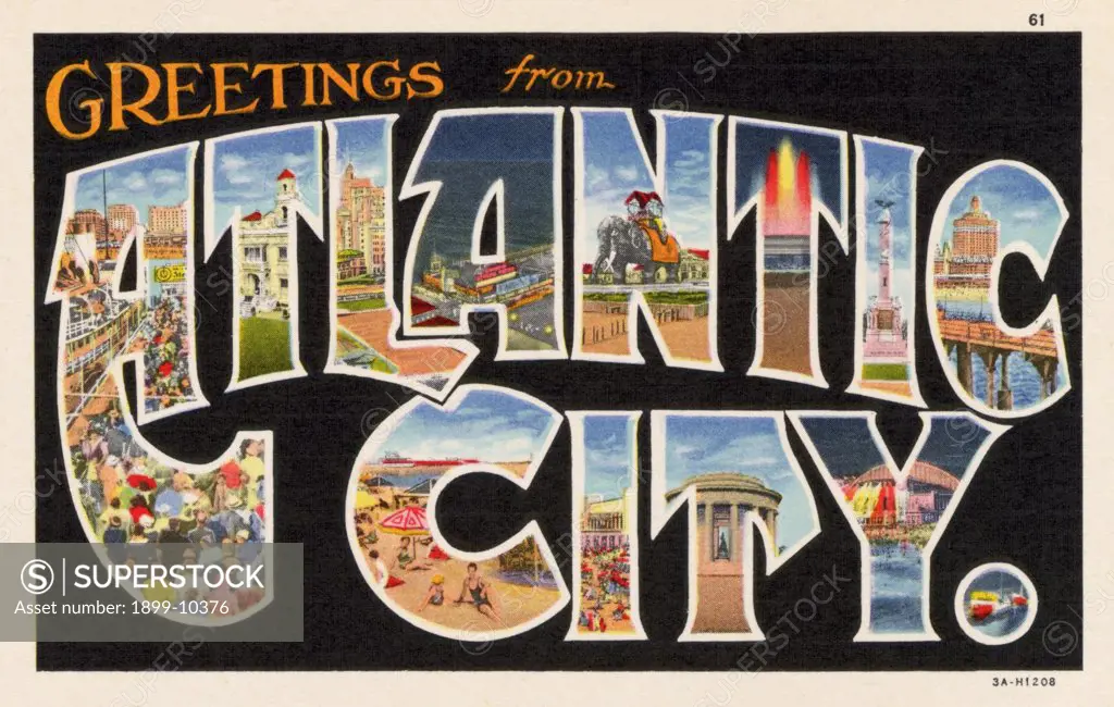 Greeting Card from Atlantic City, New Jersey. ca. 1933, Atlantic City, New Jersey, USA, Sixy miles from Philadelphia, 125 miles from New York, Atlantic City is south of the Mason-Dixon Line. Over 1000 hotels, more hotel rooms than 30 states possess, the safest beach, a year 'round equable climate, a magnificent Boardwalk, piers, sports and everything to appeal to man has produced this, the World's Greatest All-Year Health and Pleasure Resort. 